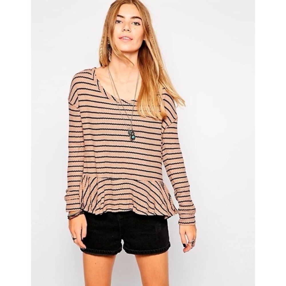 We The Free Free People Auntie Em Thermal Peplum Top Tan and Black Size XS